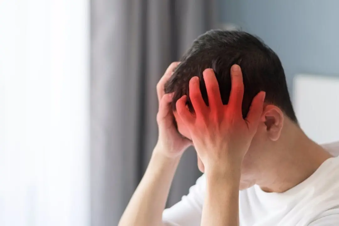 Brain diseases problem cause chronic severe headache migraine. Male adult look tired and stressed out depressed, having mental problem trouble, medical concept