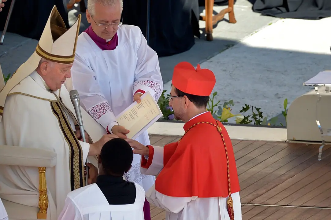 VATICAN CITY, VATICAN - SEPTEMBER 30: Pope Francis appoints as new cardinal Archbishop of Madrid, José Cobo Cano during the Ordinary Public Consistory for the Creation of new Cardinal at St. Peter's Square on September 30, 2023 in Vatican City, Vatican. Pope Francis holds a consistory for the creation of 21 new cardinals, the consistory falls before the start of the Synod on Synodality, set to take place in October.