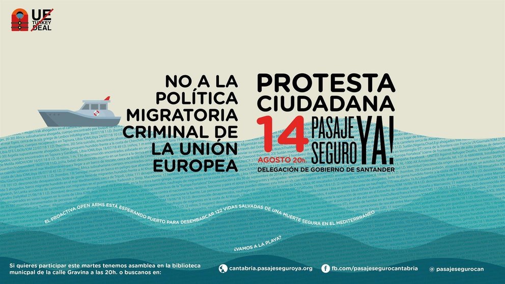 Carte de la concentración convocada por Pasaje Seguro Cantabria en apoyo a la labor del 'Open Arms' y  el 'Oceaan Viking'
