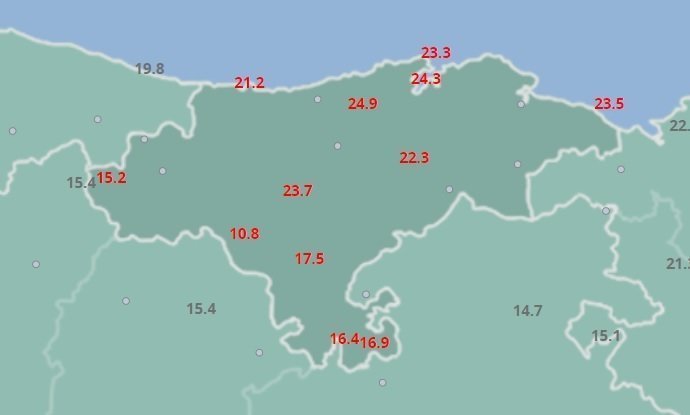 Temperaturas máximas en Cantabria el 2 de febrero de 2020