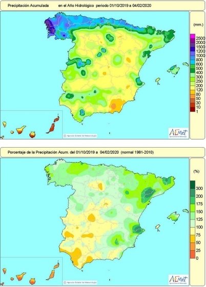 Las lluvias acumuladas en España desde que comenzó el año hidrológico superan en casi un 20% el valor normal para este periodo hasta el 4 de febrero.