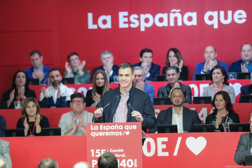 El presidente del Gobierno, Pedro Sánchez, interviene en el Comité Federal del PSOE en Ferraz (Madrid) a 15 de febrero de 2020.