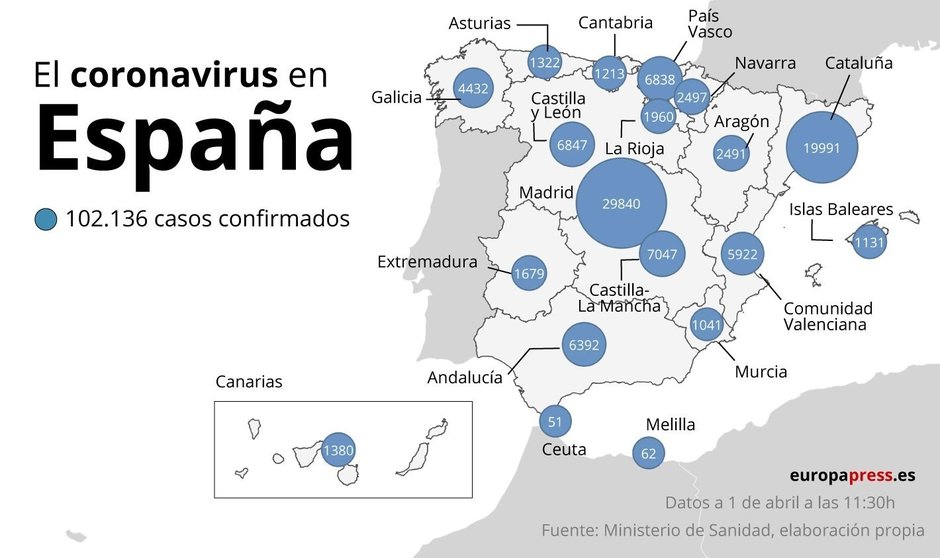 Mapa con casos de coronavirus en España a 1 de abril a las 11:30