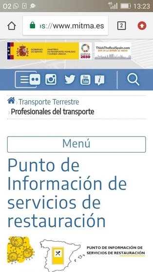 Punto de información sobre puntos de restauración que el Ministerio de Transportes ha habilitado en su web