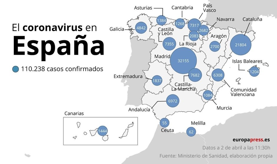 Mapa con casos de coronavirus en España a 2 de abril a las 11:30h