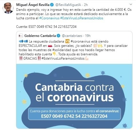 El presidente de Cantabria, Miguel Ángel Revilla, anuncia su donanción a la cuenta 'Cantabria contra el coronavirus'