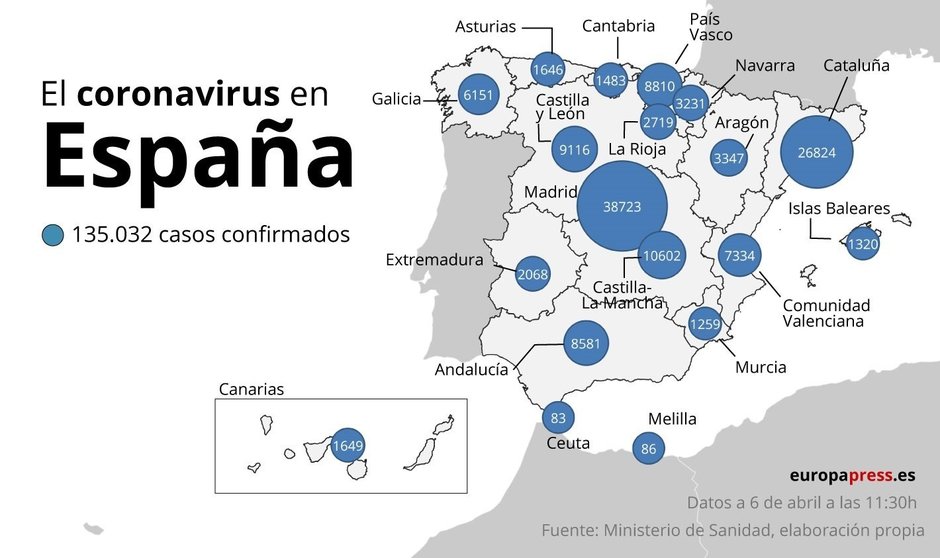 Mapa con casos de coronavirus en España a 6 de abril a las 11:30