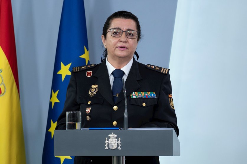 La subdirectora de la Policía Nacional, Pilar Allúe, en una intervención en la rueda de prensa en Moncloa por la crisis del Covid-19