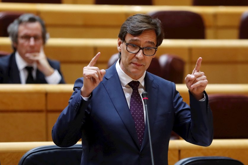 El ministro de Sanidad, Salvador Illa, durante su intervención en la primera sesión de control al Gobierno en el Senado desde la declaración del estado de alarma por el coronavirus. En Madrid (España) a 21 de abril de 2020.