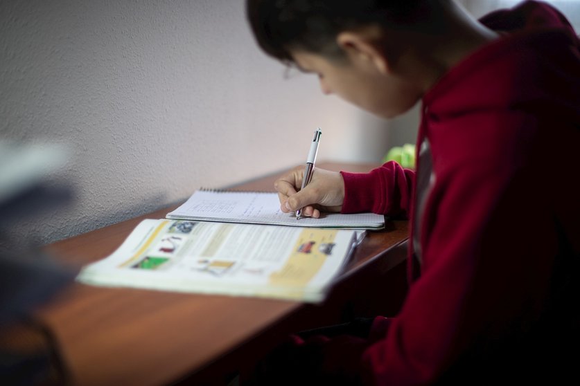 Un estudiante de Vitoria realiza deberes en su domicilio tras la suspensión de las clases presenciales por el coronavirus.
