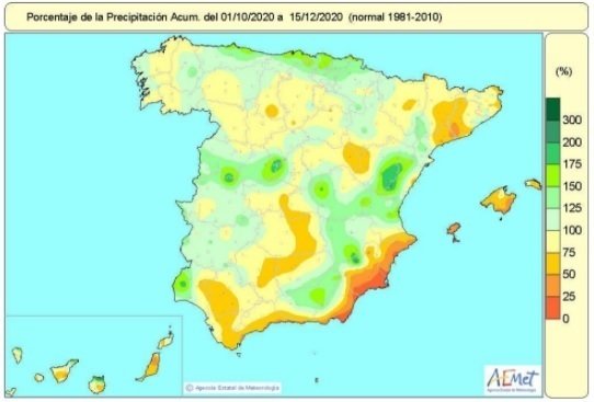 Las lluvias acumuladas desde el 1 de octubre hasta el 15 de diciembre están un 5% por debajo de su valor normal.