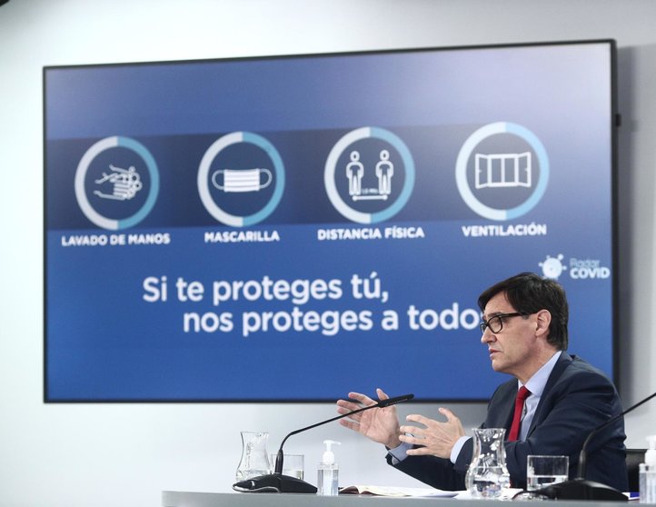 El ministro de Sanidad, Salvador Illa, interviene durante una rueda de prensa posterior al Consejo de Ministros, en la Moncloa, Madrid, (España), a 26 de enero de 2021.