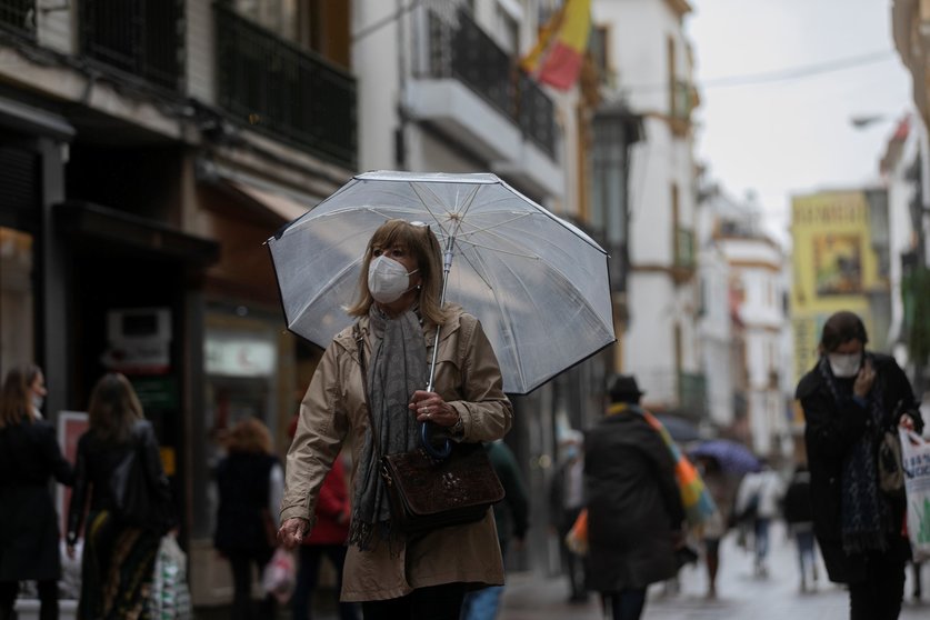 Una mujer bajo su paraguas. Precipitaciones débiles y temperaturas suaves durante la jornada de hoy en Sevilla (Andalucía, España), a 25 de enero de 2021.