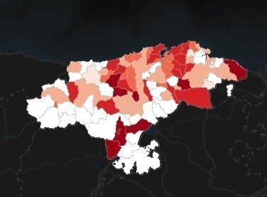 Mapa de los municipios cántabros, por colores según su incidencia por Covid