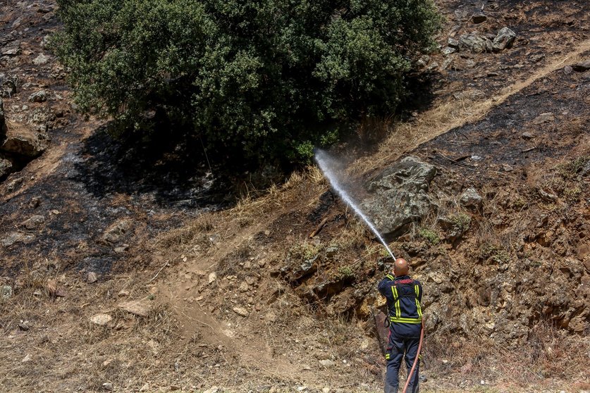 Un bombero trabaja en la extinción de uno de los focos del incendio del pantano de San Juan, a 1 de agosto de 2021, en San Martín de Valdeiglesias, Madrid (España). 