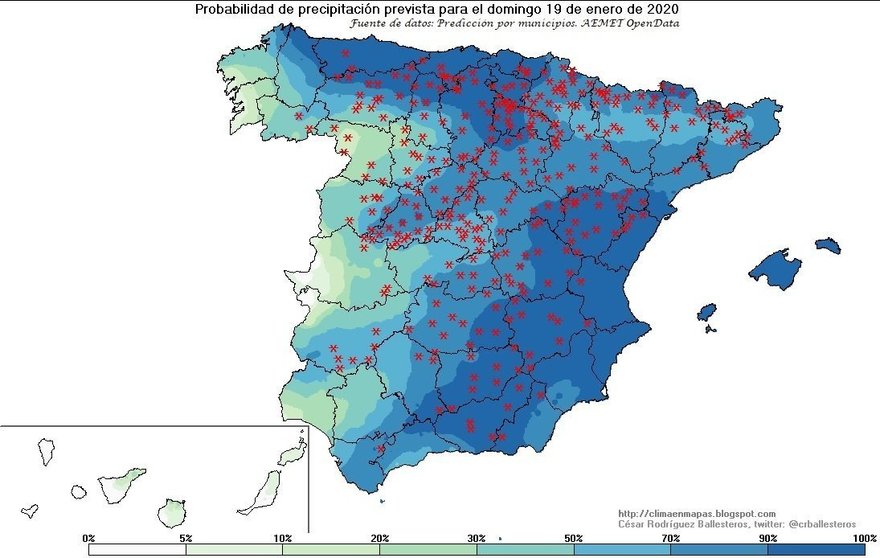 Mapa de lugares donde se pueden producir precipitaciones el domingo, 19 de enero de 2020, en España