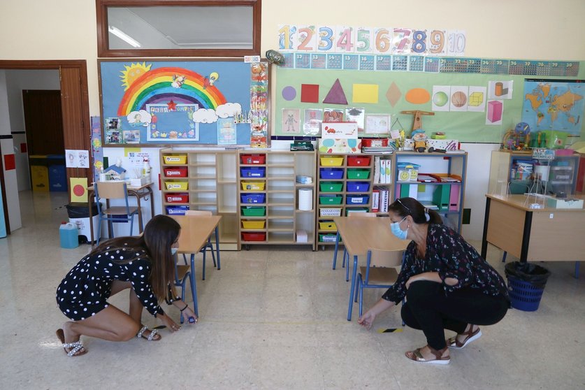 Dos profesoras de un colegio miden la distancia entre bancas en el aula infantil como medidas preventivas ante el COVID-19