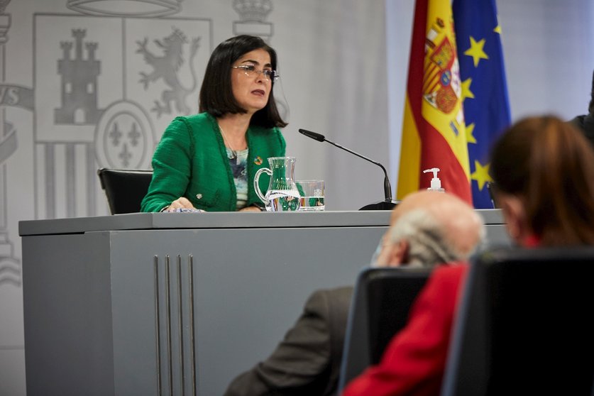 La ministra de Política Territorial y Función Pública, Carolina Darias, ofrece una rueda de prensa tras la reunión del Consejo Interterritorial del Sistema Nacional de Salud en el Complejo de la Moncloa en Madrid a 11 de noviembre de 2020.