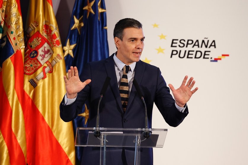 El presidente del Gobierno de España, Pedro Sánchez, interviene en un acto en Aragón (España), a 22 de enero de 2021