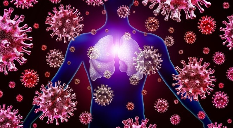 Respiratory virus lung infection and influenza flu outbreak and coronavirus or coronaviruses as dangerous cases of SARS as a pandemic  or epidemic medical concept with 3D illustration elements. (Respiratory virus lung infection and influenza flu outbr