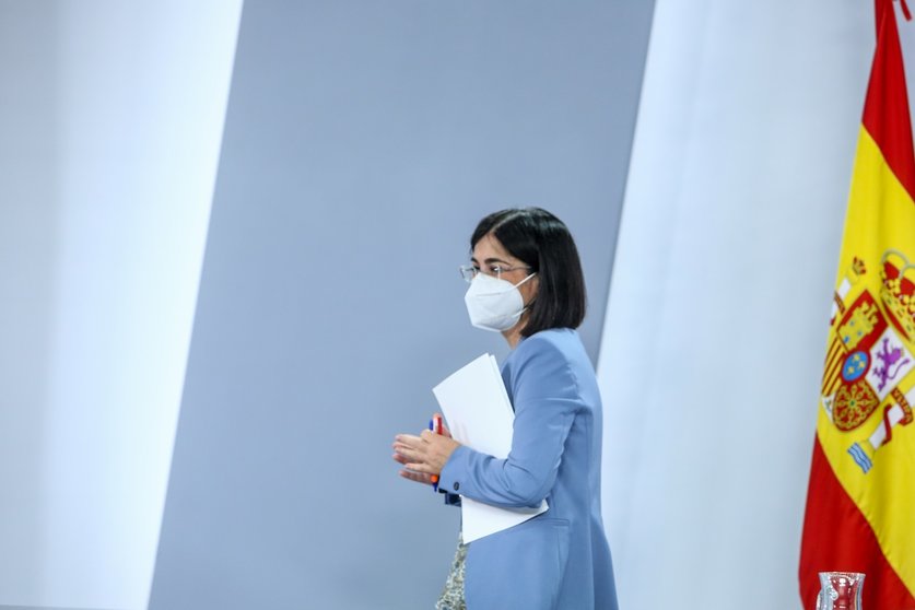 La ministra de Sanidad, Carolina Darias, a su salida de una rueda de prensa posterior a la reunión del Consejo Interterritorial del Sistema Nacional de Salud, el pasado 26 de mayo de 2021