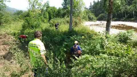 Labores de limpieza de la CHC del r&iacute;o Saja, en Ter&aacute;n de Cabu&eacute;rniga