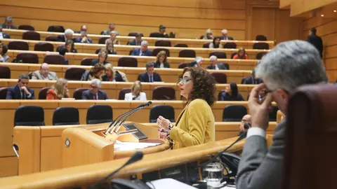 La ministra de Hacienda, Mar&iacute;a Jes&uacute;s Montero, interviene desde la tribuna en una sesi&oacute;n plenaria en el Senado. 