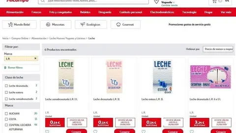 Oferta de leche en la web de Alcampo