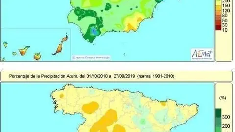 Las lluvias acumuladas en Espa&ntilde;a en lo que va de a&ntilde;o hidrol&oacute;gico, hasta el 29 de agosto son un 15 por ciento inferiores al valor normal