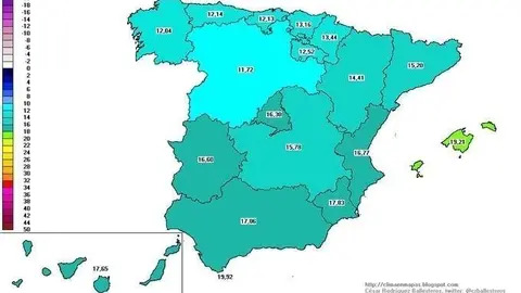 Mapa elaborado por la Aemet con las m&iacute;nimas registradas en Espa&ntilde;a en agosto