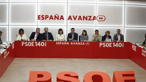 El secretario general del PSOE y presidente del Gobierno en funciones, Pedro S&aacute;nchez, (5i) junto a la presidenta del PSOE, Cristina Narbona (4i), la portavoz del PSOE en el Congreso de los Diputados y vicepresidenta del PSOE Andriana Lastra (6i), durante 