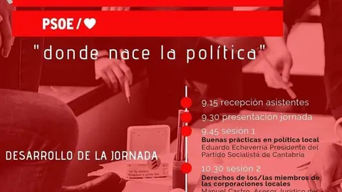Cartel de la primera jornada formativa de su escuela de pol&iacute;tica local del PSOE
