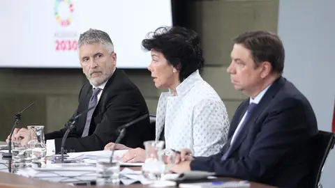 El ministro del Interior en funciones, Fernando Grande-Marlaska; la ministra Portavoz, y de Educaci&oacute;n y Formaci&oacute;n Profesional en funciones, Isabel Cela&aacute;;  y el ministro de Agricultura, Pesca y Alimentaci&oacute;n en funciones, Luis Planas, comparecen en rueda de