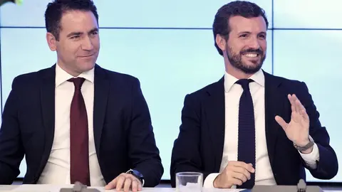 (I-D) El secretario general del Partido Popular, Teodoro Garc&iacute;a Egea y el presidente del PP, Pablo Casado, durante la primera reuni&oacute;n del Comit&eacute; Ejecutivo Nacional del partido tras conocerse la previsi&oacute;n de elecciones para el 10-N, en Madrid (Espa&ntilde;a), a 2