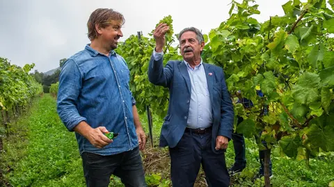 En la foto, el presidente sostiene el primer racimo de la cosecha de Bodegas Vidular, ante uno de sus responsables, Mikel Dur&aacute;n