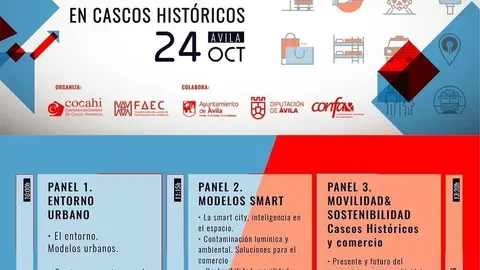 Cartel sobre las I Jornadas de Movilidad y Sostenibilidad en los Cascos Hist&oacute;ricos que se celebran los d&iacute;as 23 y 24 de octubre en &Aacute;vila