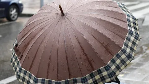 Una mujer pasea bajo su paraguas por Madrid.