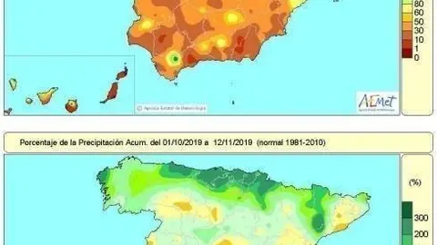 Porcentaje de precipitaci&oacute;n acumulada en Espa&ntilde;a.