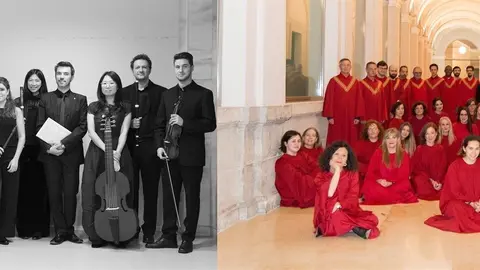 La Academia de M&uacute;sica Antigua de Cantabria (izda) y la Camerata Coral de la Universidad de Cantabria (derecha)