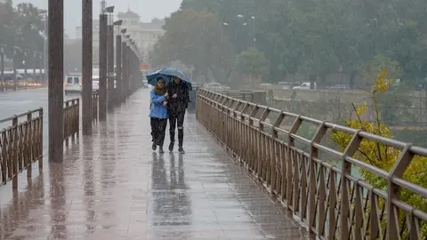 Peatones bajo la lluvia  por el Puente de los Remedios  en Sevilla a 22 de noviembre del 2019