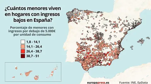 Mapa de Espa&ntilde;a seg&uacute;n menores que viven en hogares con bajos ingresos