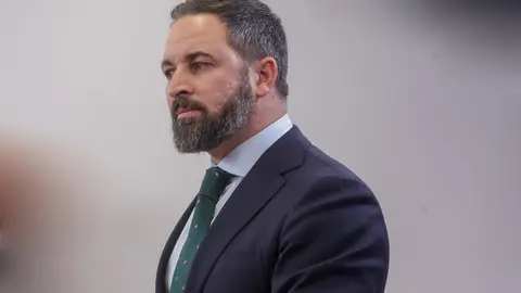 El presidente de Vox, Santiago Abascal, ofrece una rueda de prensa en el Congreso de los Diputados tras su consulta con el Rey sobre una posible investidura del candidato socialista como Presidente del Gobierno, en Madrid (Espa&ntilde;a), a 11 de diciembre de 20