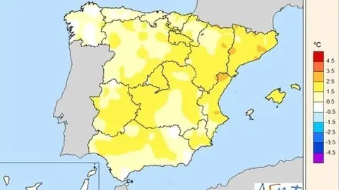 Anomal&iacute;as de la temperatura del mes de diciembre de 2019 en relaci&oacute;n al periodo normal (1981-2010)