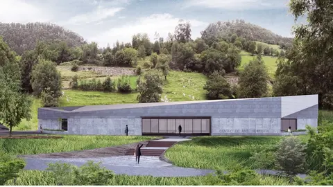 Infograf&iacute;a de la vista principal del edificio del futuro Centro de Interpretaci&oacute;n del Arte Rupestre en Puente Viesgo, dise&ntilde;ado por Sukunfuku Studio