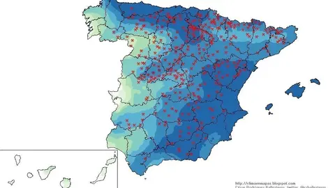 Mapa de lugares donde se pueden producir precipitaciones el domingo, 19 de enero de 2020, en Espa&ntilde;a