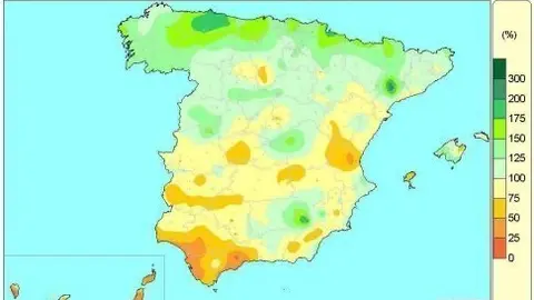 Mapa de lluvias acumuladas en Espa&ntilde;a entre el 1 de octubre de 2018 al 14 de enero de 2020.
