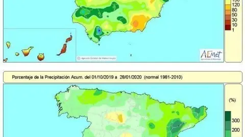 Lluvias acumuladas en Espa&ntilde;a desde el 1 de octubre hasta el 28 de enero.