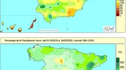 Las lluvias acumuladas en Espa&ntilde;a desde que comenz&oacute; el a&ntilde;o hidrol&oacute;gico superan en casi un 20% el valor normal para este periodo hasta el 4 de febrero.