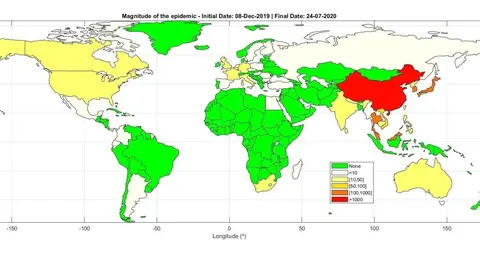 El mapa mundial de la magnitud final de la epidemia de coronavirus, generado con el modelo matem&aacute;tico de dos investigadores espa&ntilde;oles de la Universidad Complutense de Madrid (UCM)