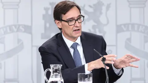 El ministro de Sanidad, Salvador Illa, durante la rueda de prensa ante los medios para informar sobre el coronavirus, en La Moncloa, Madrid (Espa&ntilde;a), a 10 de marzo de 2020.